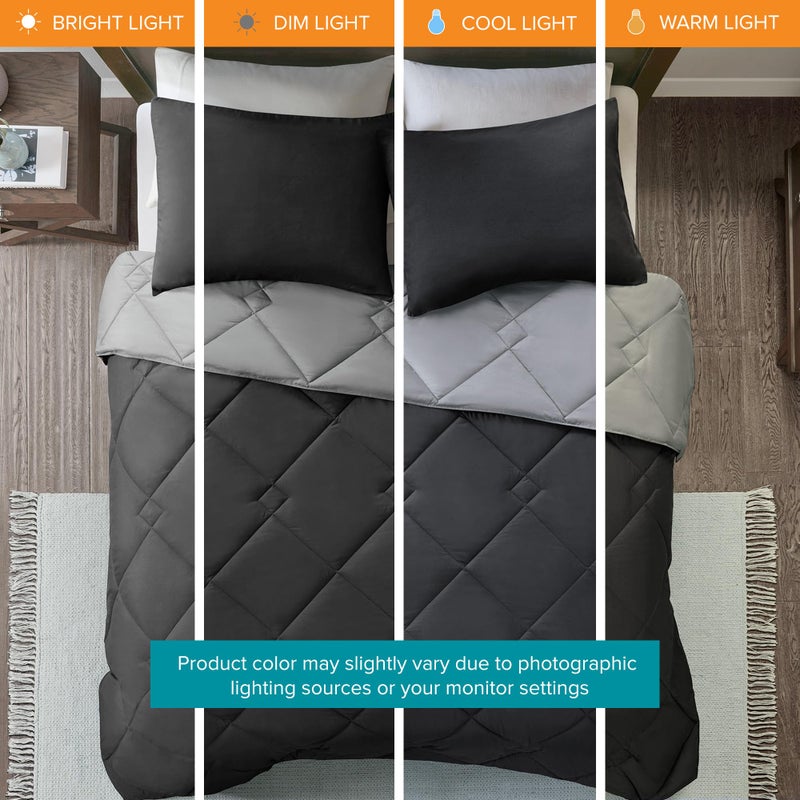 Comfort Spaces Vixie Reversible Comforter Set - Trendy Casual Geometric Quilted Cover, All Season Down Alternative Cozy Bedding, Matching Sham, Black/Gray, Twin/Twin XL 2 piece - Image 3